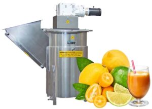 A Chopper Blender used for processing frozen juices next to images of citrus and a cup of orange juice